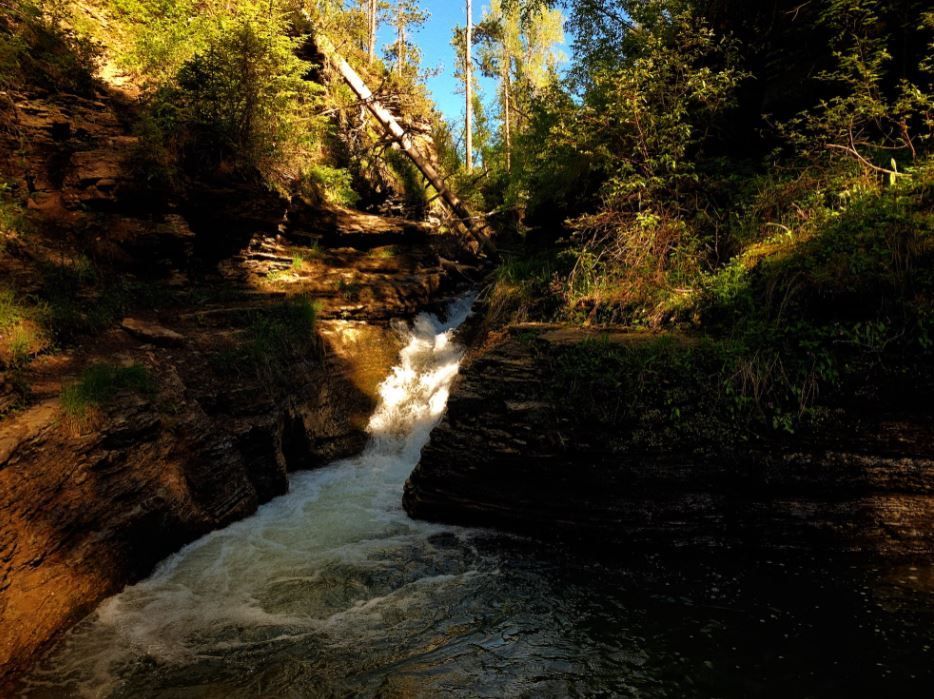 A waterfall is surrounded by trees and rocks in the middle of a forest.