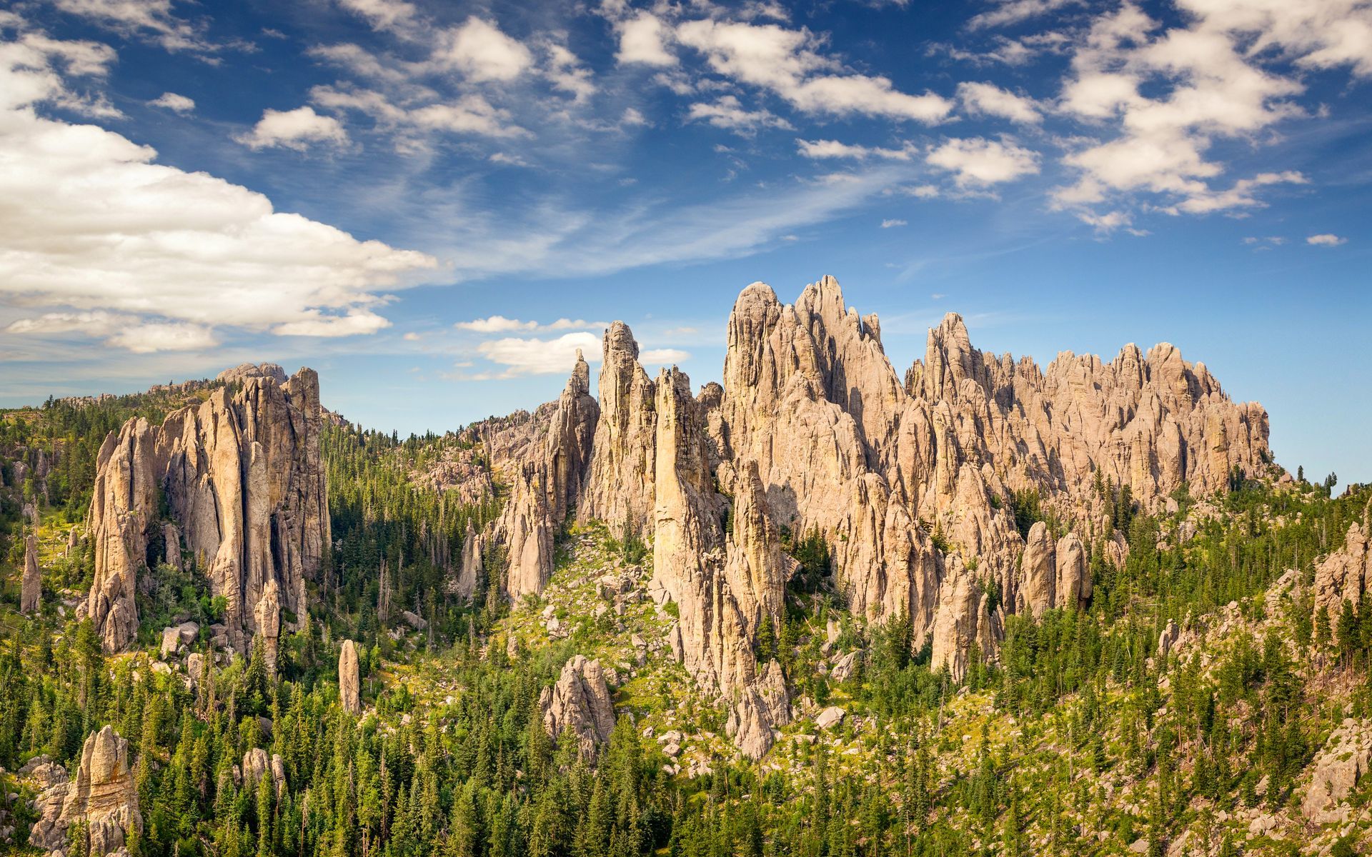 A mountain covered in trees and rocks with a blue sky in the background.