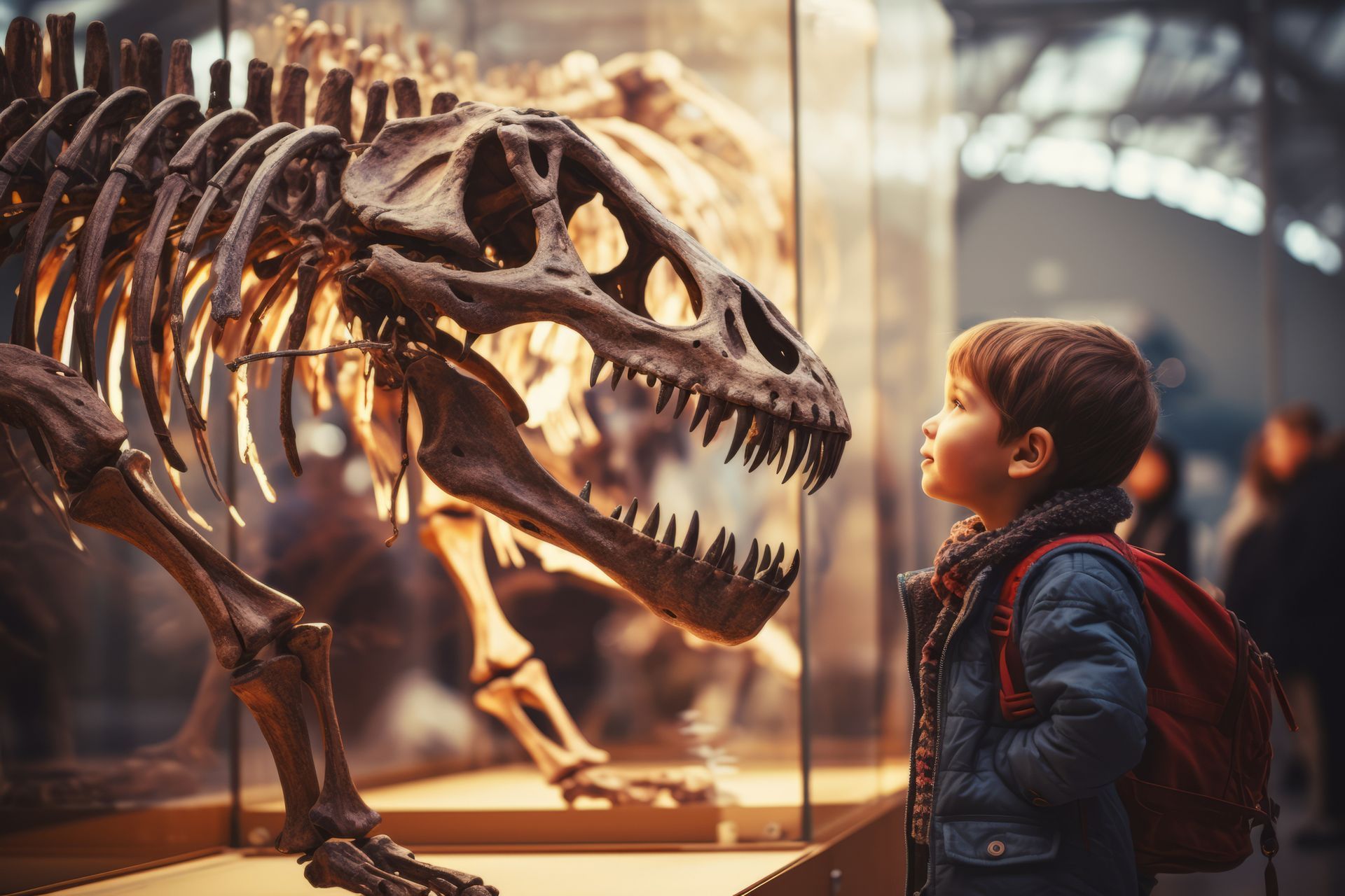 A young boy is looking at a dinosaur skeleton in a museum.