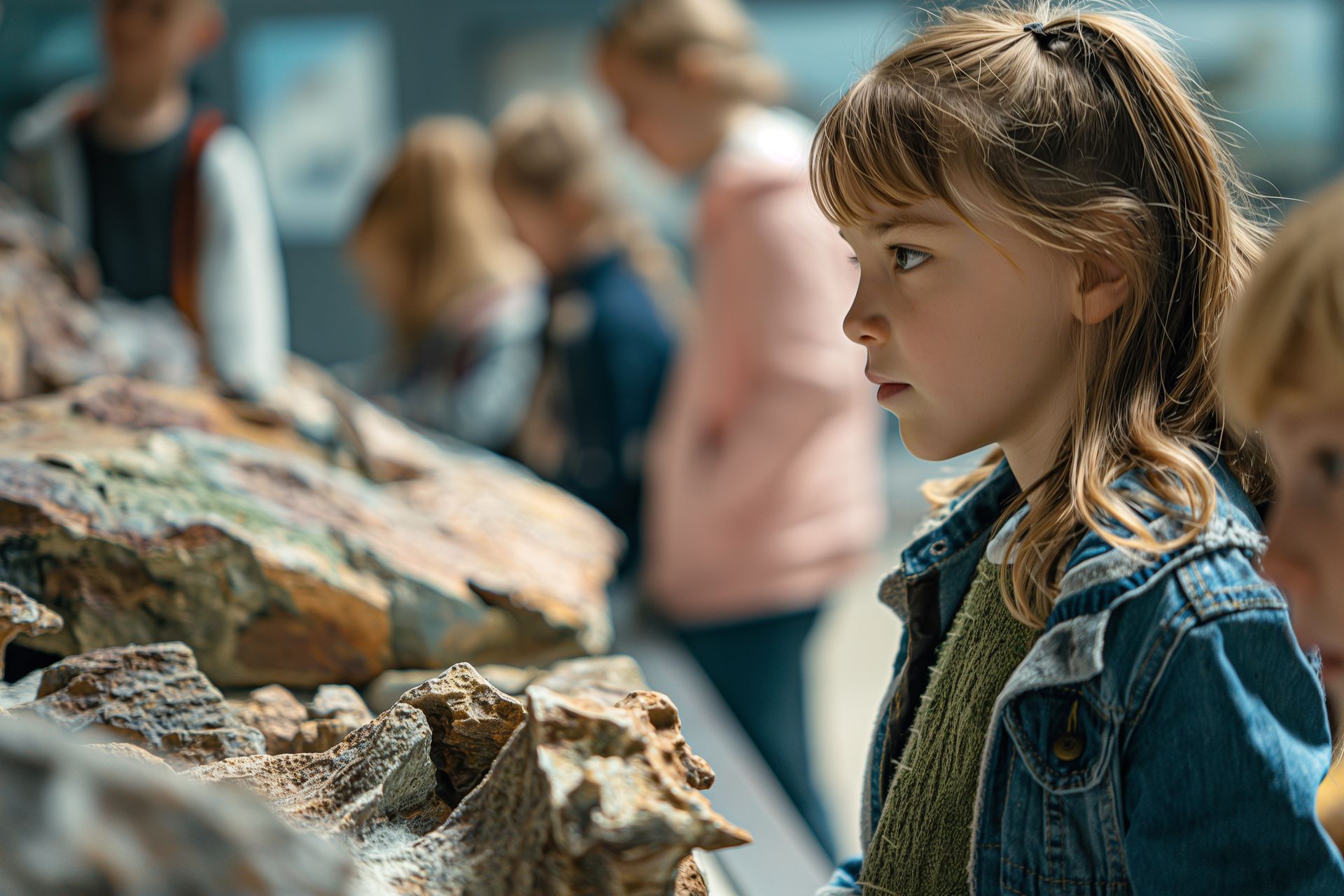 A little girl is looking at a dinosaur fossil in a museum.