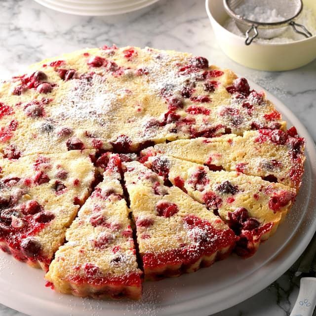 A cake with powdered sugar on top is cut into slices
