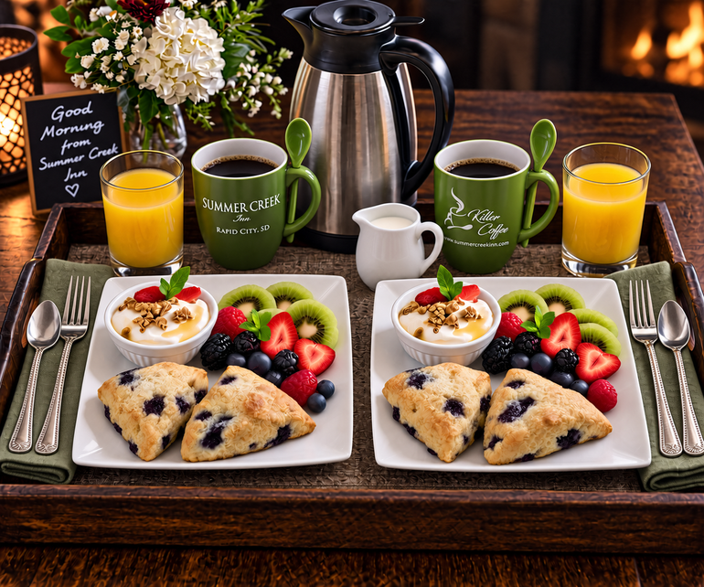 A tray with a plate of cookies , two mugs and a thermos on a bed.