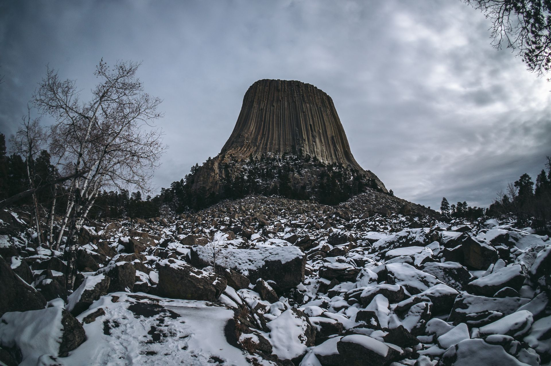The devils tower is surrounded by snow covered rocks and trees.