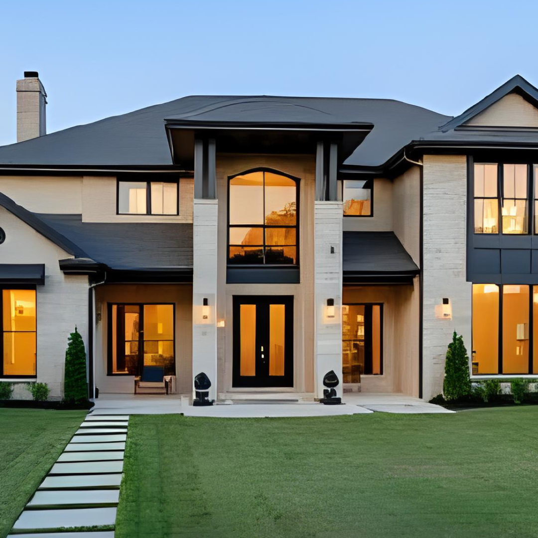 A large house with a lot of windows and a walkway leading to it