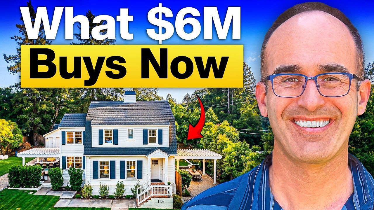 Text overlay “What $6M Buys Now” with a house, red arrow, and smiling man on the right