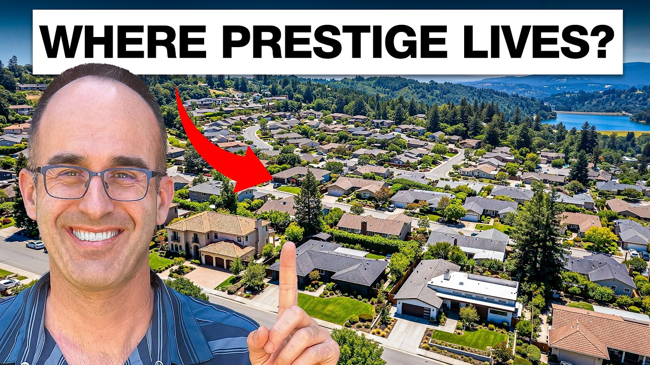 Man pointing at suburban neighborhood aerial with text “WHERE PRESTIGE LIVES?”