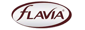 Flavia logo in maroon script inside an oval border on a white background
