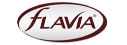 Flavia logo in maroon script inside an oval border on a white background