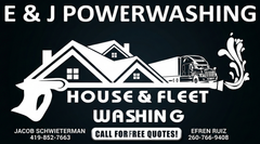 Logo for E & J Powerwashing: white graphic of house, truck, and hose. Text: