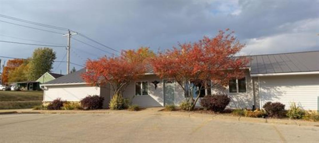 Single-story suburban house with autumn trees and a wide driveway under a cloudy sky