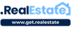 RealEstate logo with blue and white text and website URL www.get.realestate