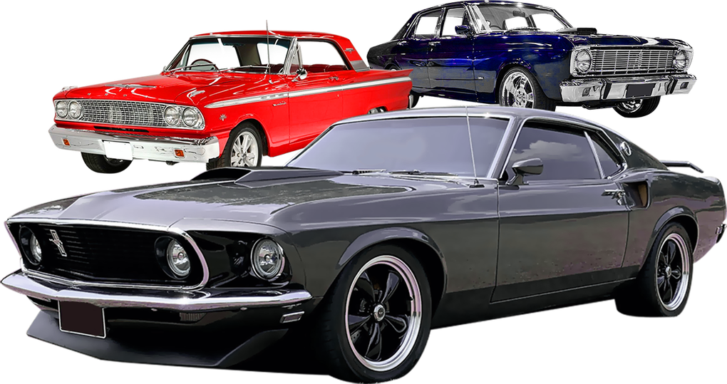 a classic red Ford is next to a classic blue Ford and a vintage gray Ford