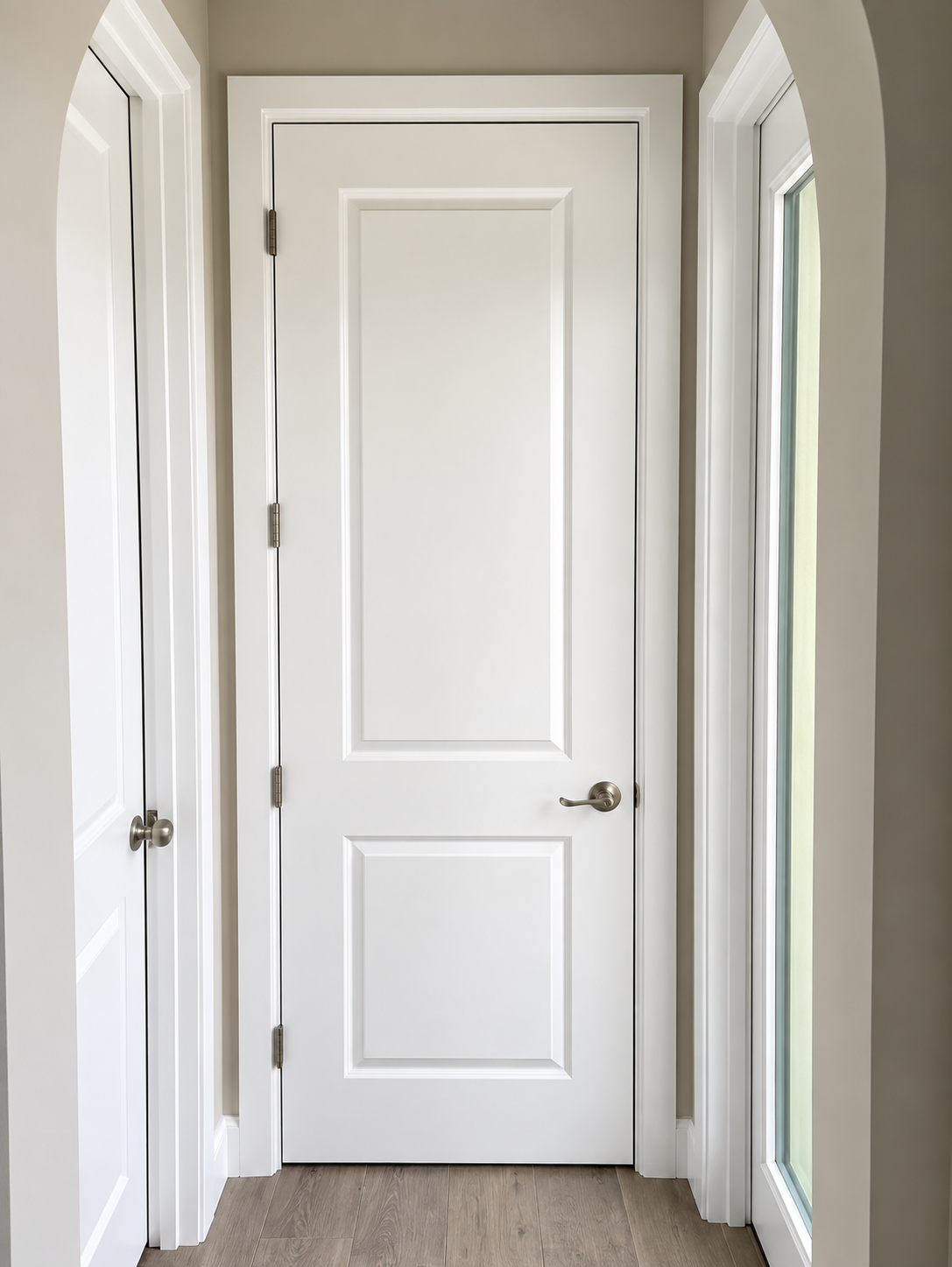 White interior hallway with a closed paneled door and arched doorway trim