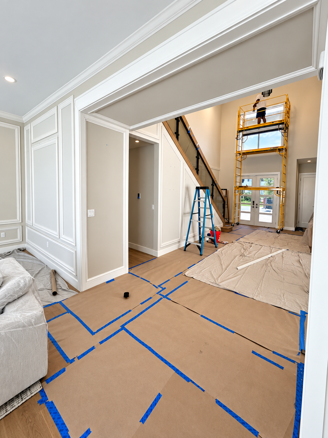 Living room under renovation with taped floor protection, ladders, and scaffolding near a staircase.