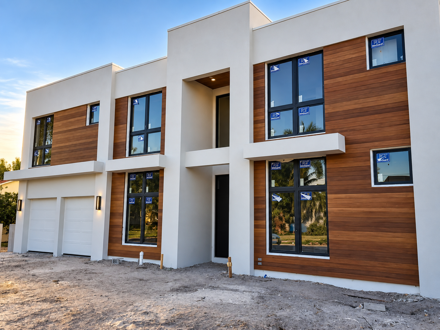 Modern two-story house exterior with white stucco, wood siding, and large windows under construction