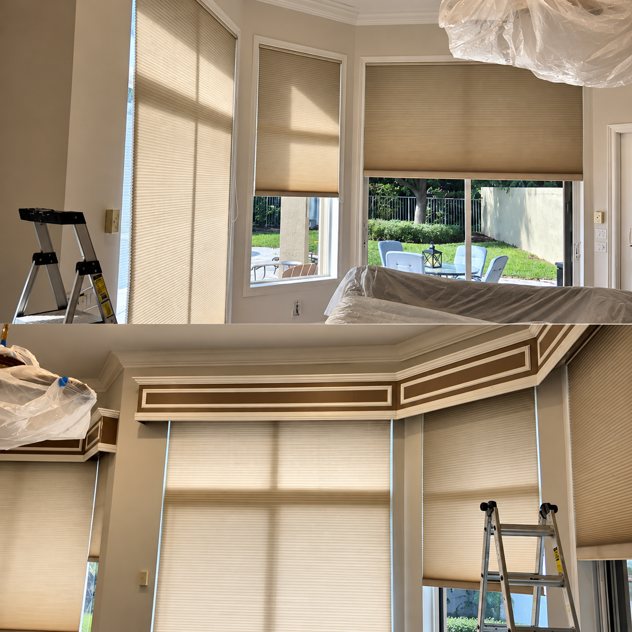Room with cream walls and tan blinds, showing a window and ladder during interior renovation.