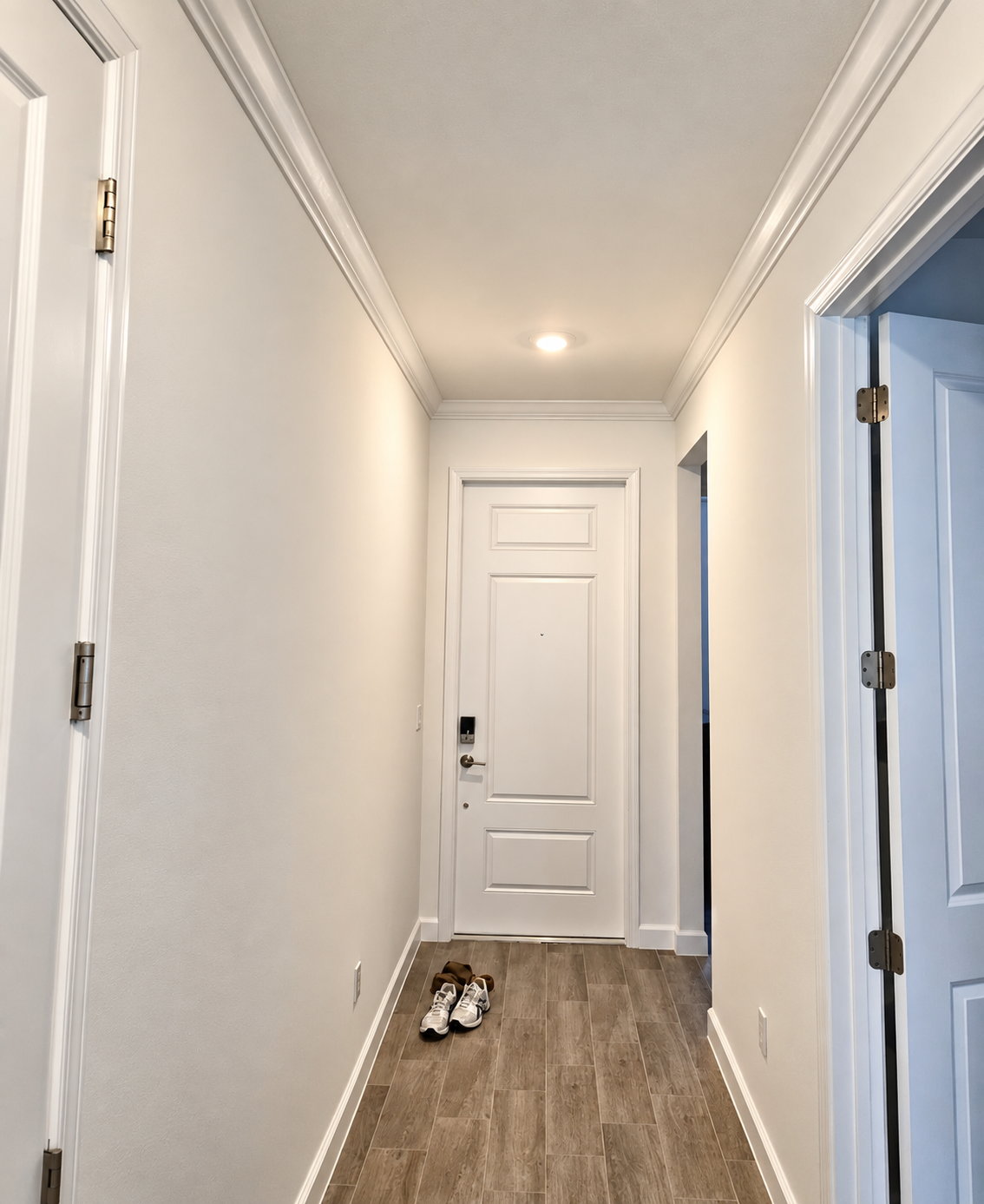 Narrow white hallway with wood floor, white front door, and shoes near the end.