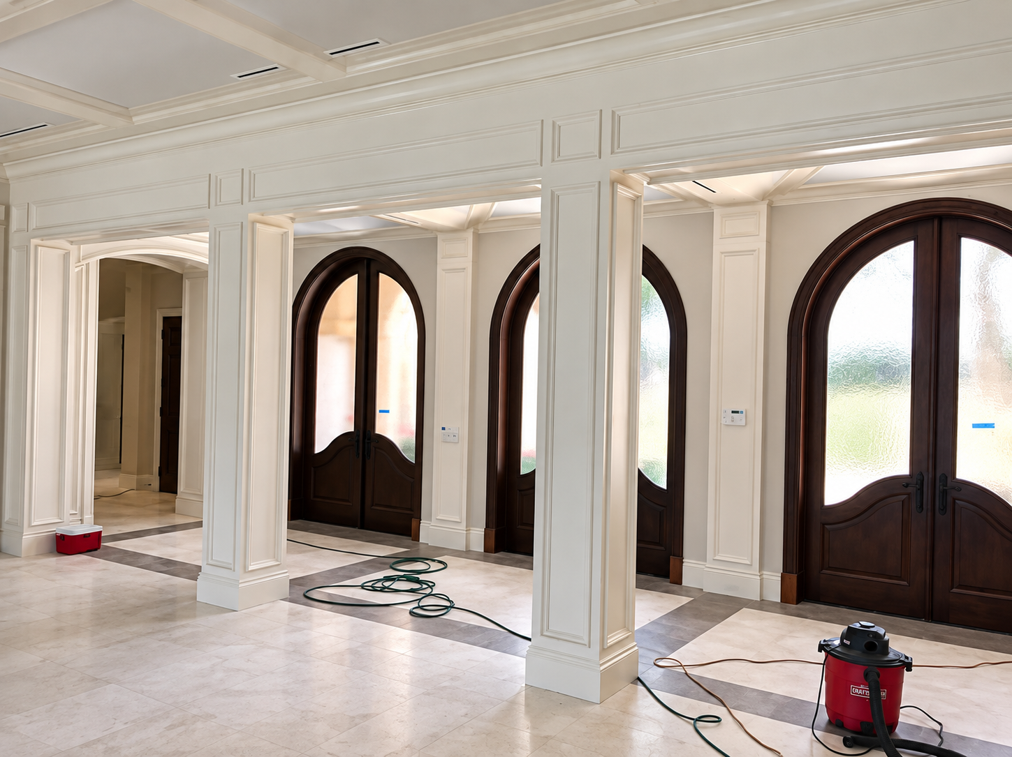 Empty ornate room with white columns, arched dark wood doors, and construction materials on the floor