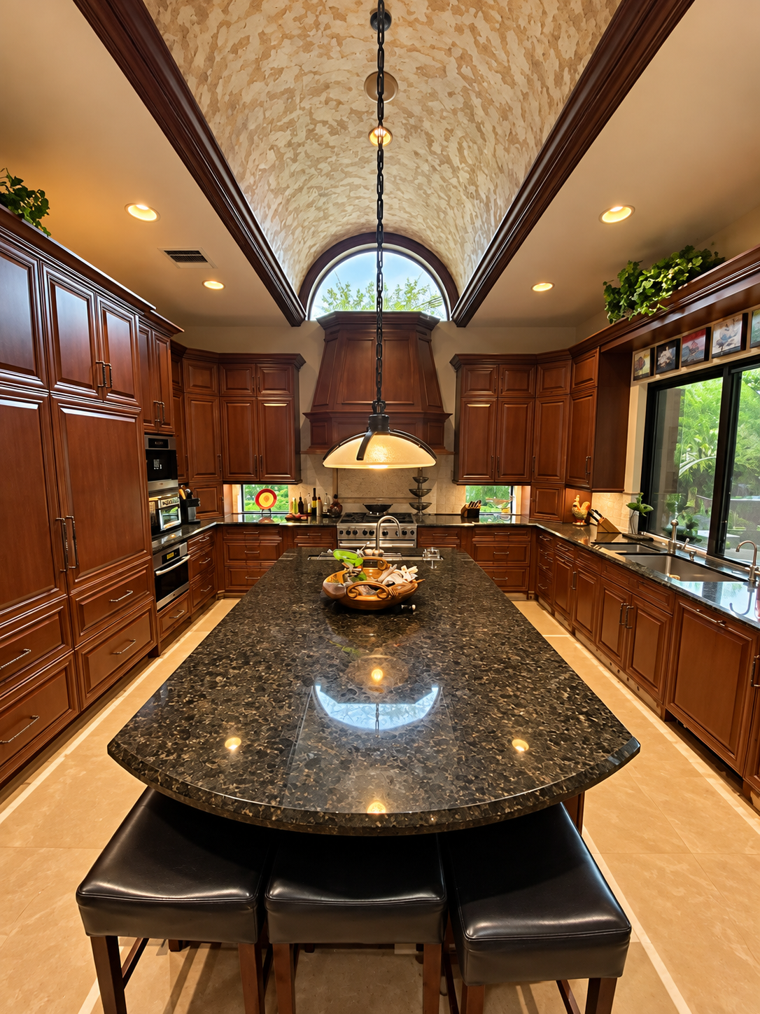 Elegant kitchen with dark wood cabinets, black granite island, and arched ceiling window.
