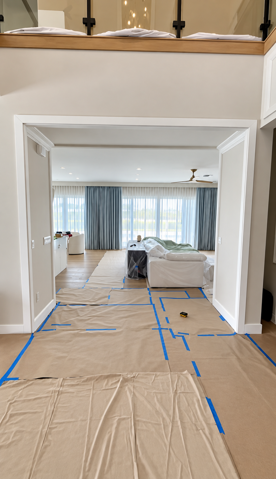 Living room under renovation with taped floor protection, white walls, and large windows in the background