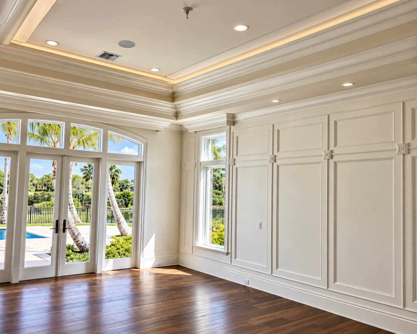 Bright empty room with white paneled walls, hardwood floors, and large windows opening to a sunny patio and pool.