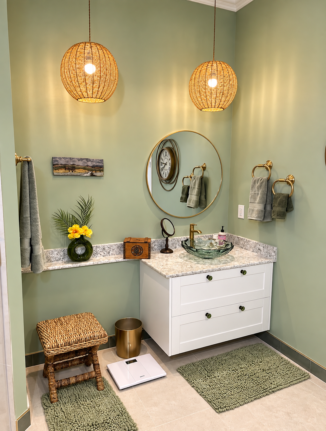 Small green bathroom with white vanity, round mirror, woven pendant lights, and textured mats.