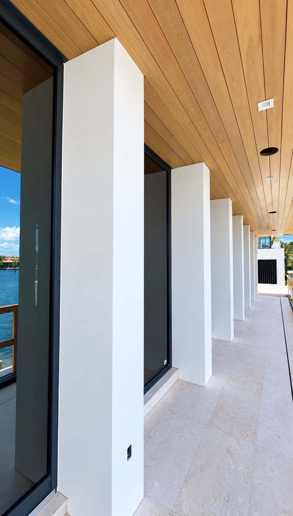Modern covered walkway with white columns, wood ceiling, and glass windows overlooking the outdoors