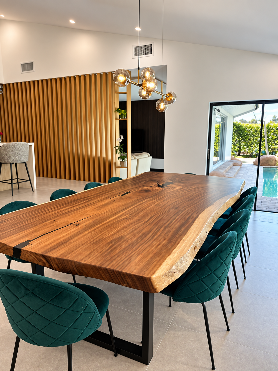 Modern dining room with a live-edge wooden table, teal chairs, pendant lights, and patio view