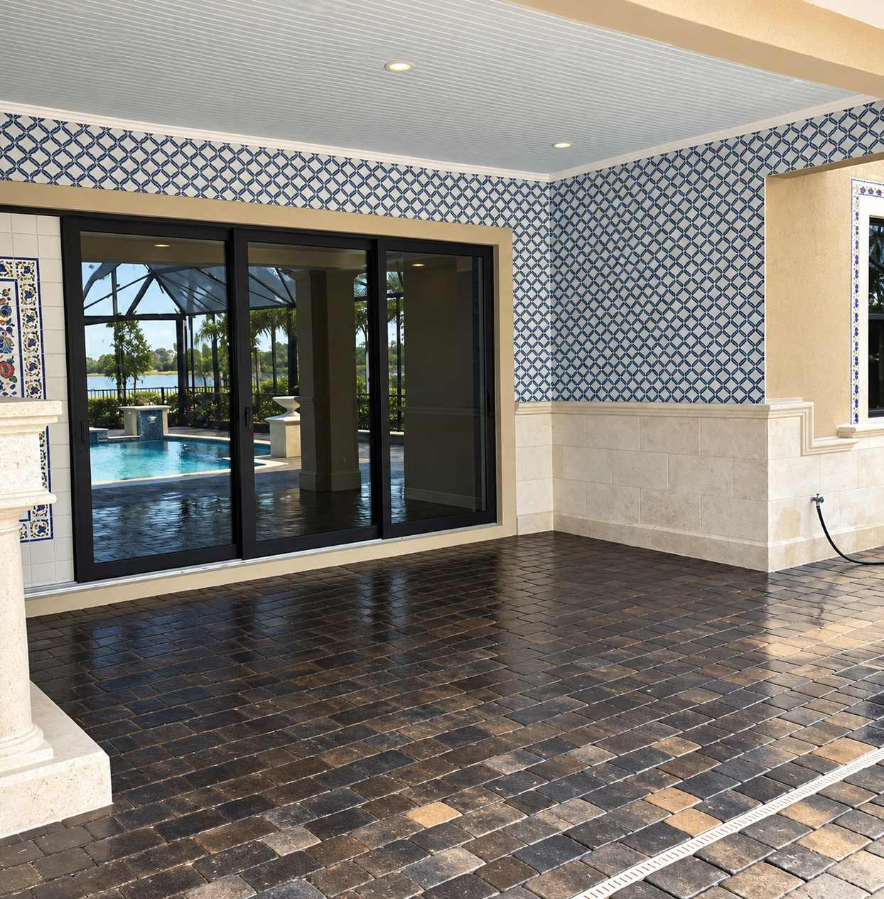 Covered patio with patterned tile floor, sliding glass doors, and a pool view beyond.