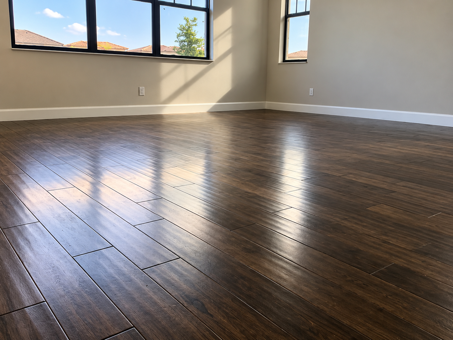 Empty sunlit room with dark hardwood floors and large windows showing a mountain view