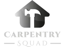 Carpentry Squad logo with house-shaped roof and hammer icon, gray text on white background