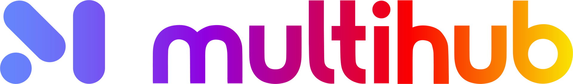 Multihub logo, colorful gradient lettering with abstract blue shapes.