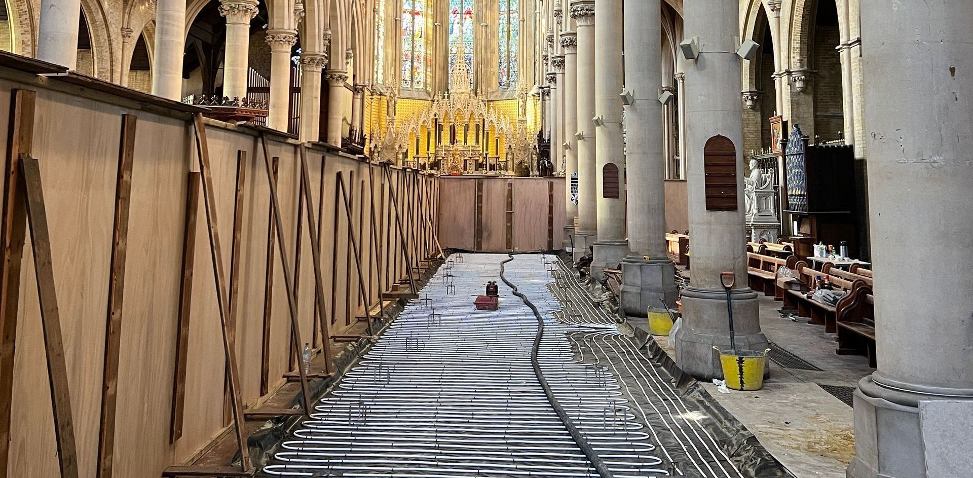 Underfloor heating system in a church in London, shuttered and ready for delivery and installation of our liquid screed.