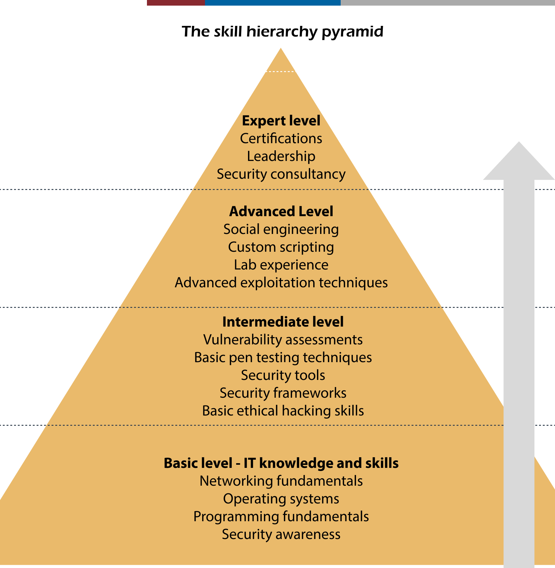 Skill hierarchy pyramid for penetration testing, from basic IT knowledge to expert-level certifications and consultancy