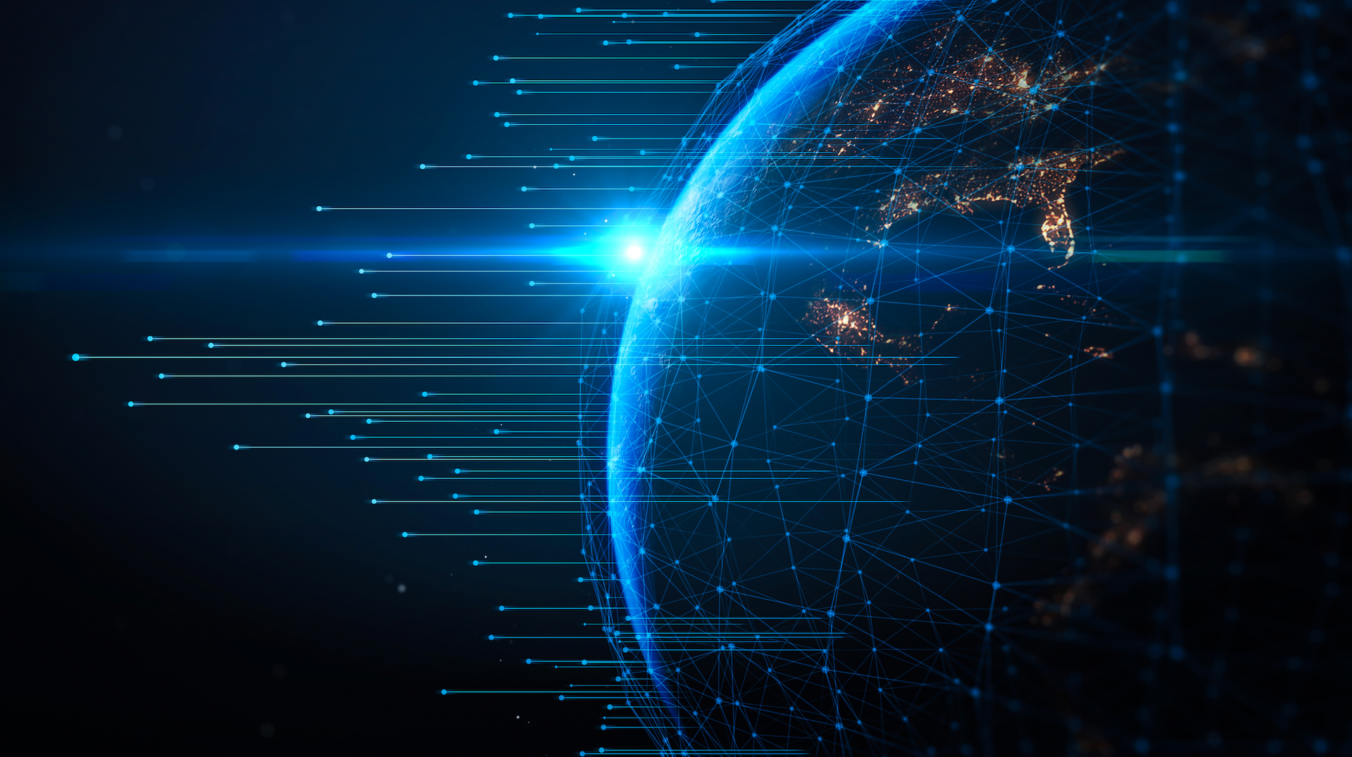 Earth with glowing networks, data streams, and a bright blue light.