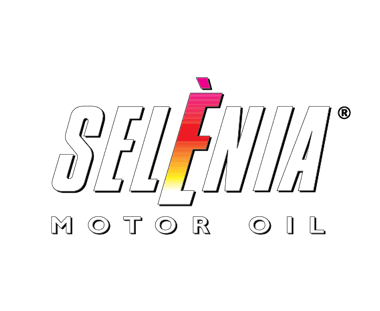 Logo dell'olio motore Selenia. Testo bianco con sfumatura 