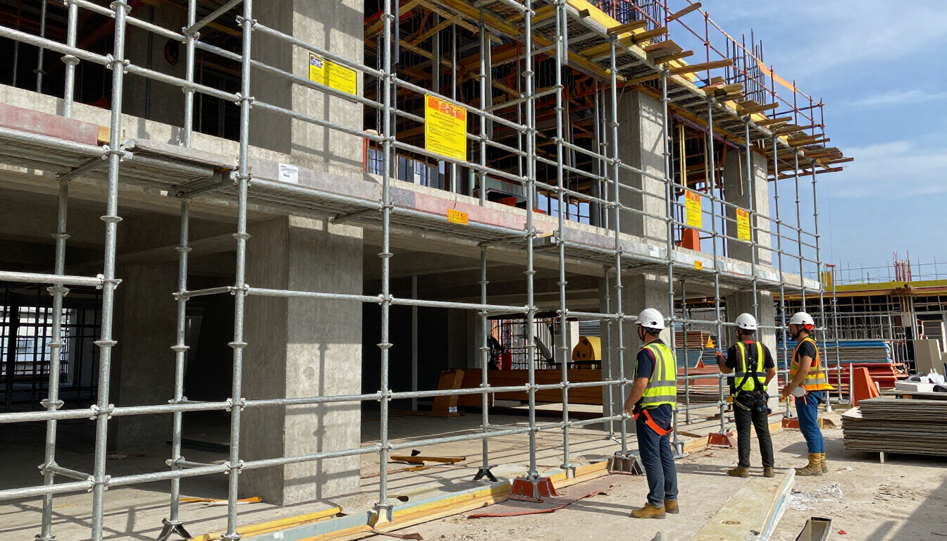 Obreros de la construcción con chalecos de seguridad y cascos en una obra cubierta de andamios.