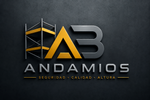 Logo de ANDAMIOS con letras gris y dorado sobre fondo oscuro; incluye el lema &ldquo;Seguridad, calidad, altura&rdquo;.