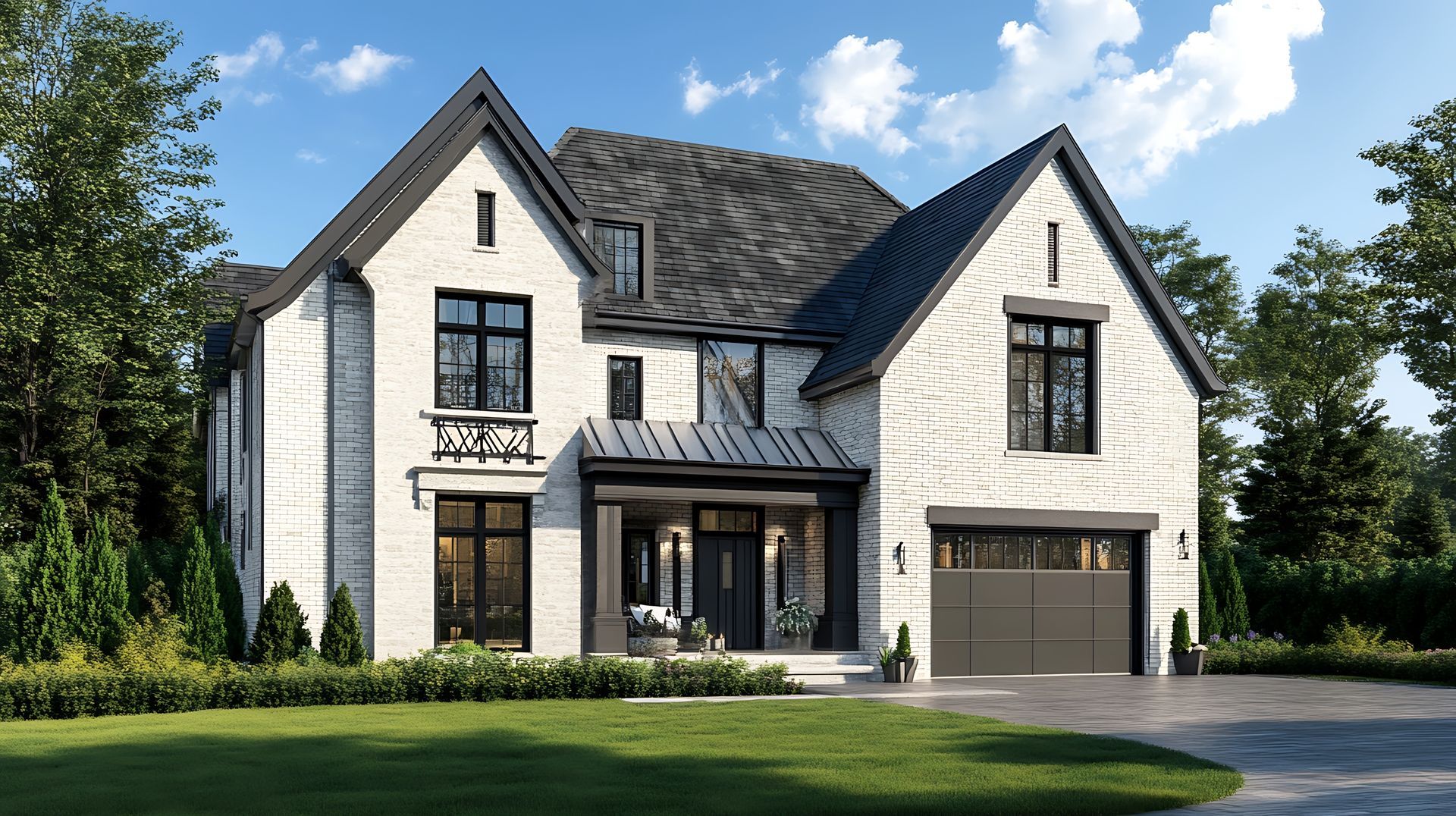 Large two-story white brick house with dark roof, front porch, and attached garage surrounded by green lawn and trees