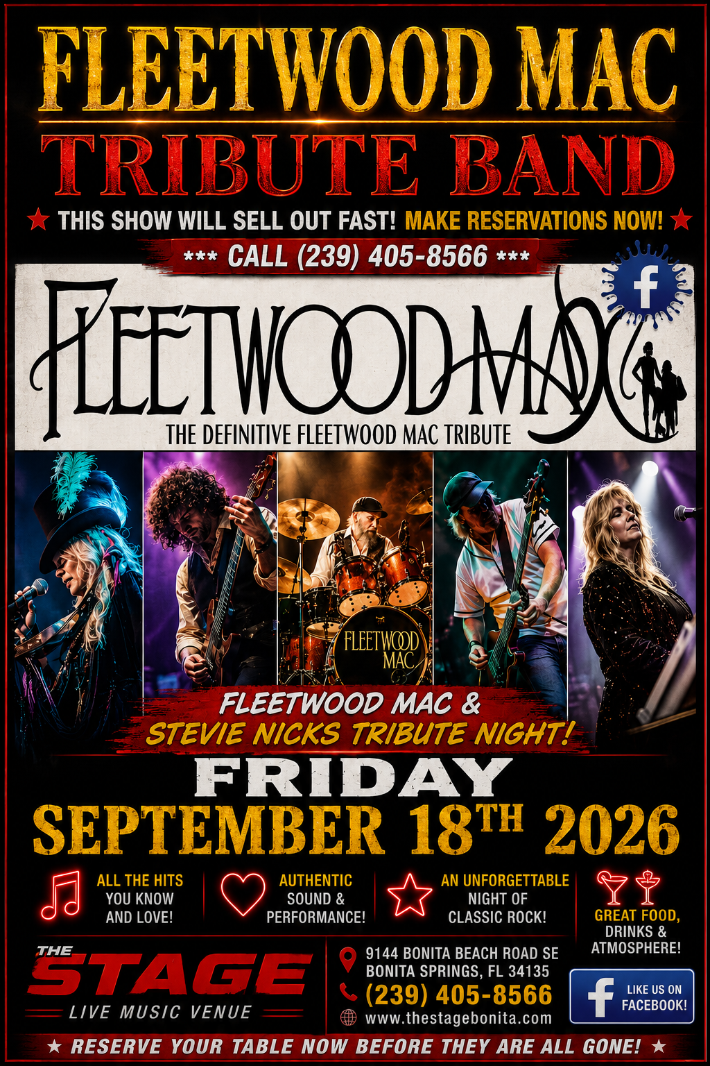 Fleetwood Mac tribute band poster with bold red, white, and black text and performer photos
