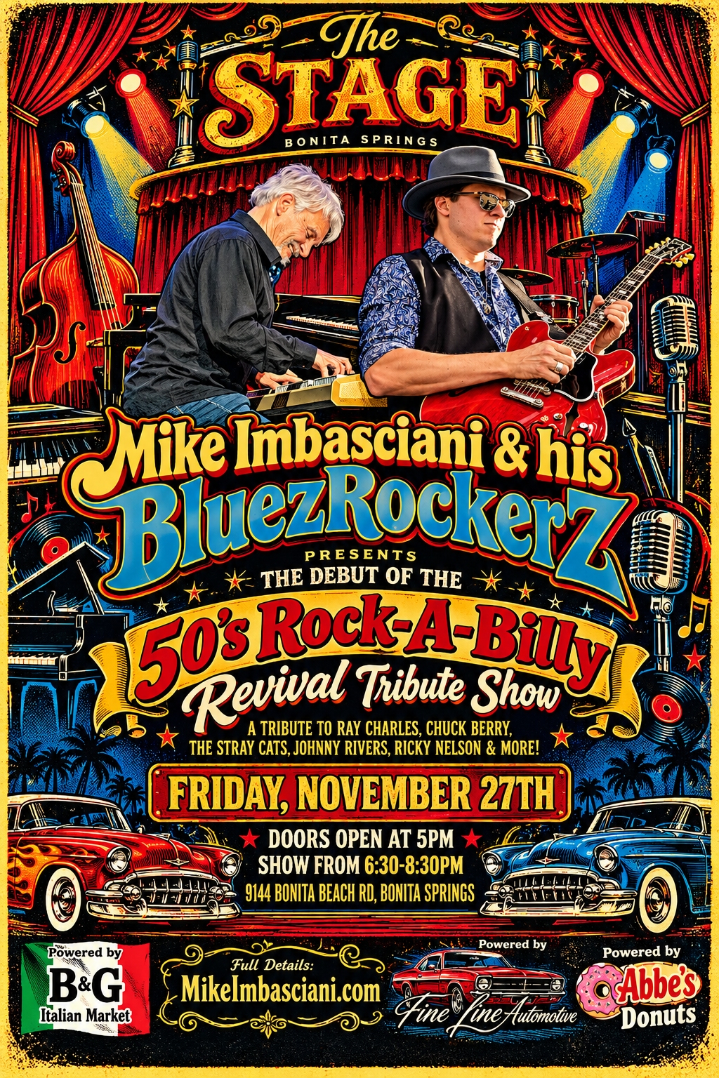 Mike Imbasciani & his Bluez Rockerz concert poster with guitarist on stage, red and blue retro design