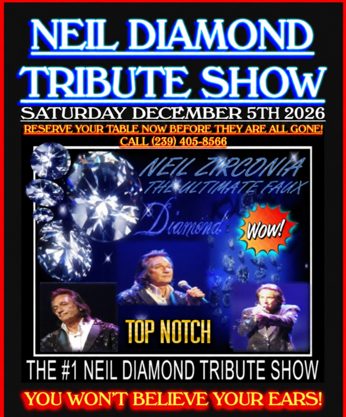 Neil Diamond tribute show poster with fireworks, performers, and event date Saturday December 5th 2026