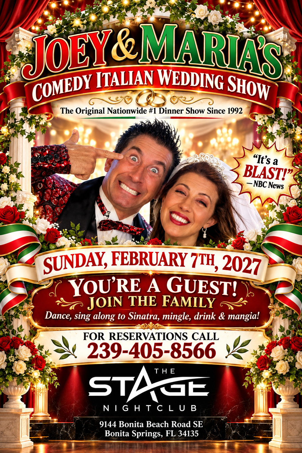 Poster for Joey & Maria’s comedy Italian wedding show with smiling couple and event details on a festive red background