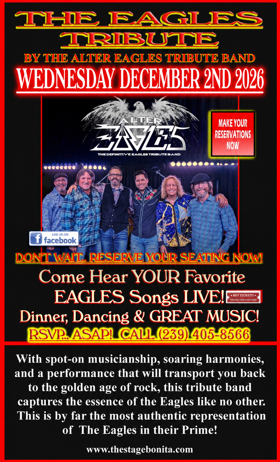 Event poster for The Eagles Tribute with concert details, band photo, and red/orange text on dark background