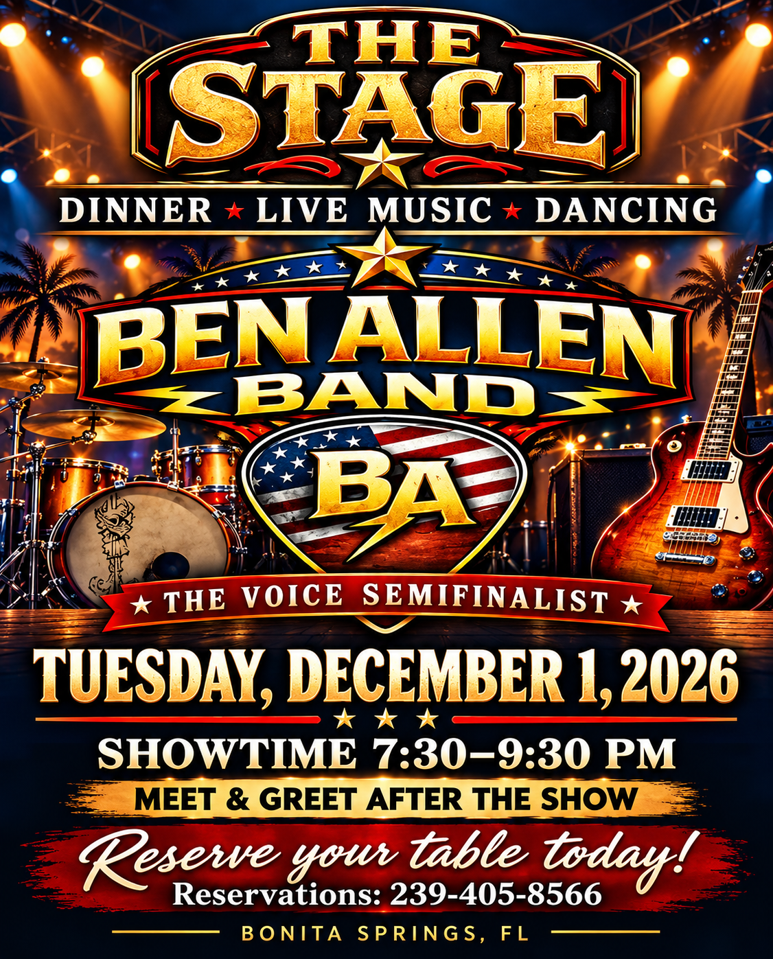 Concert poster for Ben Allen Band at The Stage, Dec. 1, 2026, with dinner, live music, and dancing