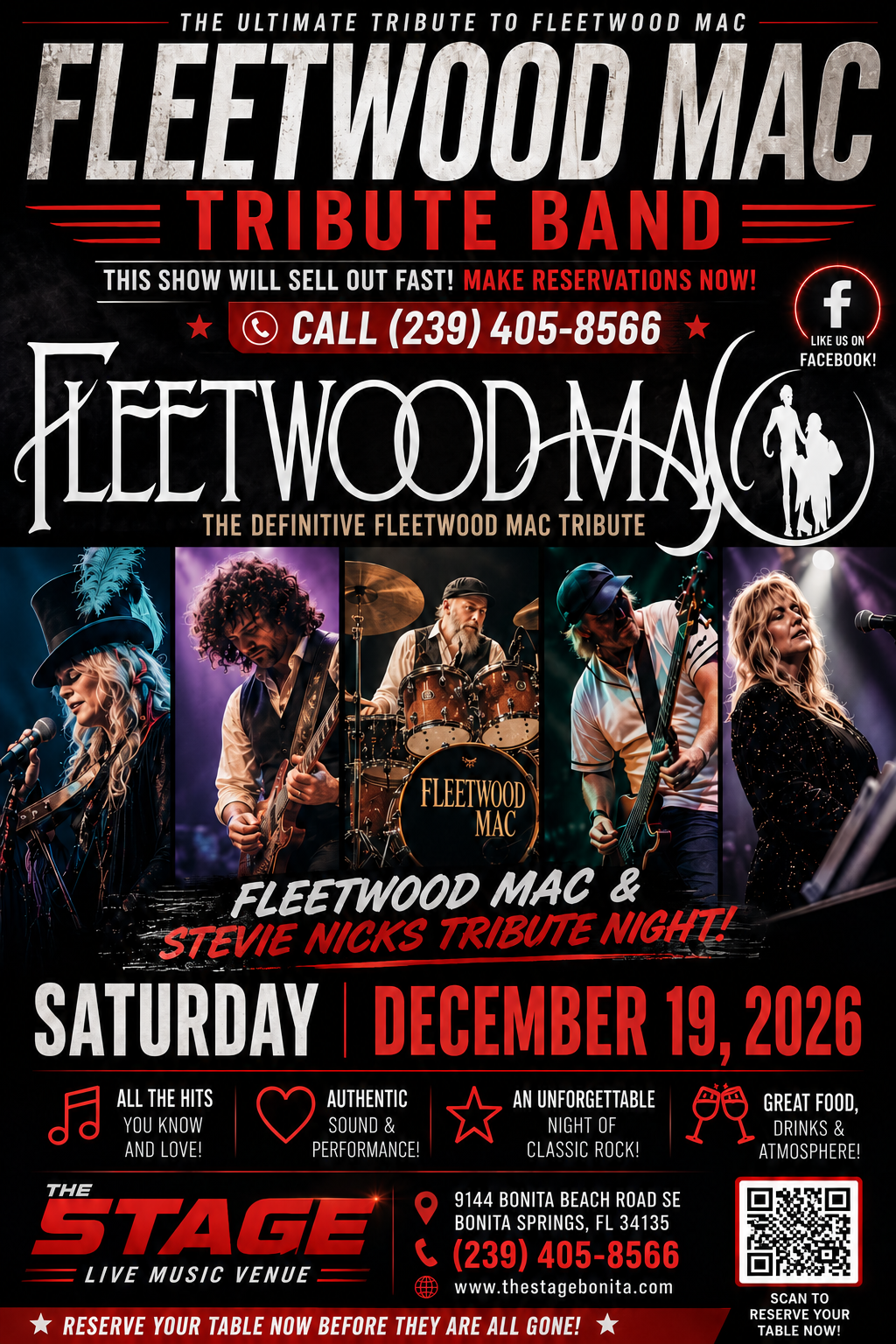 Fleetwood Mac tribute concert poster with band photos, tour dates, and red-and-black text on black background