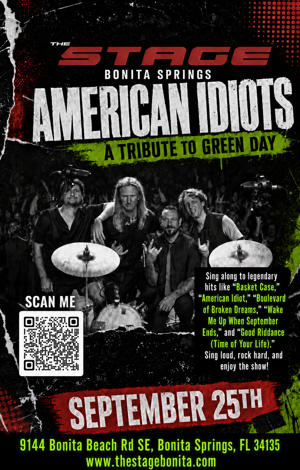 Poster for The Stage featuring American Idiots and Green Day tribute, with live concert details on a red-and-black background