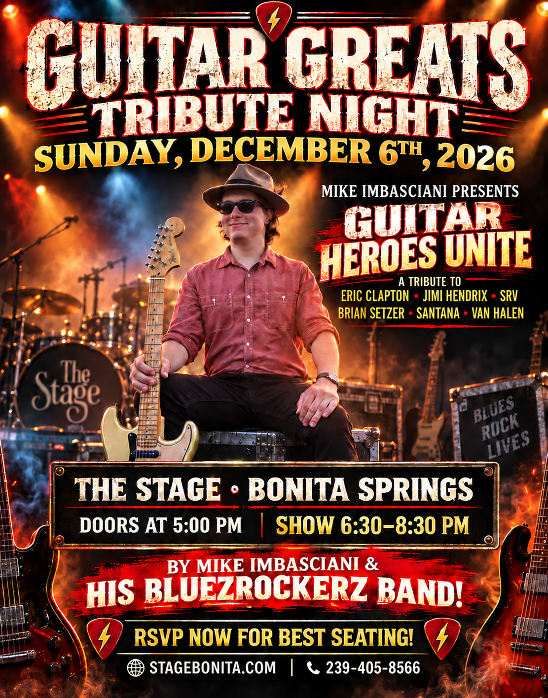 Poster for Guitar Greats Tribute Night at The Stage Bonita Springs, Sunday Dec. 6, 2026, with Mike Imbasciani and Bluesrockers Band