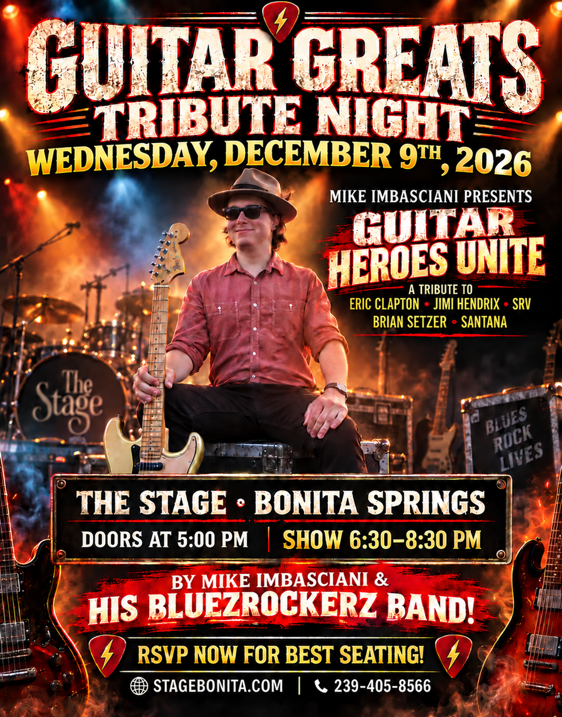 Concert poster for Guitar Greats Tribute Night at The Stage Bonita Springs, Wednesday Dec. 9, 2026