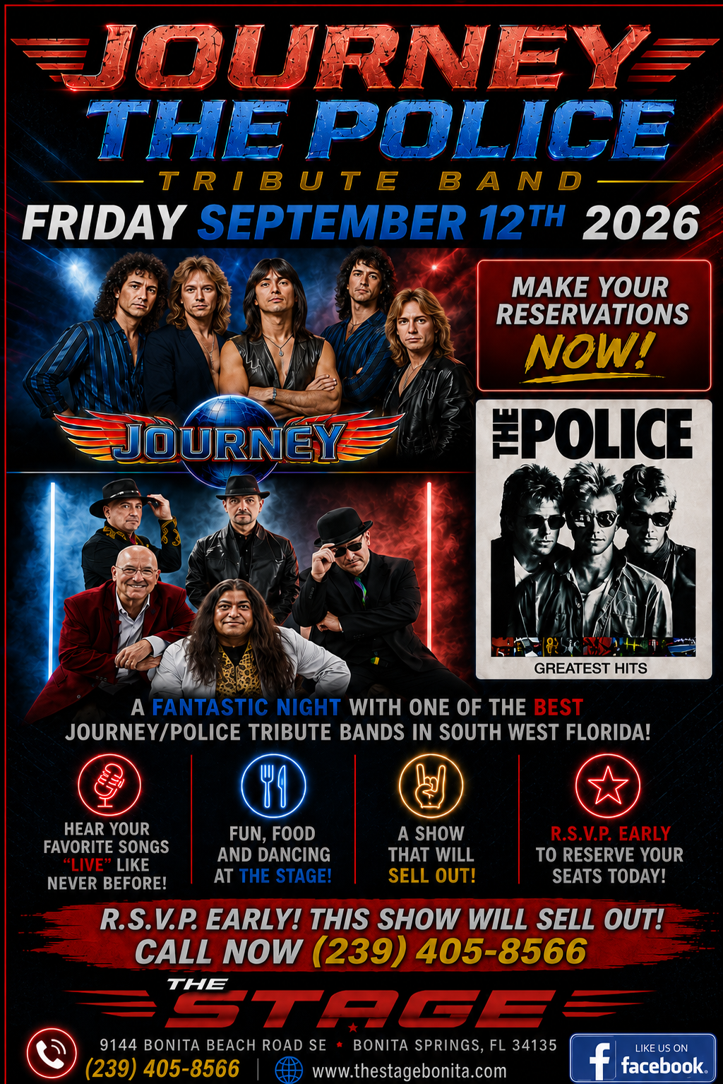 Journey tribute concert poster with band photos, October 12, 2026, at the top and police tribute at right.
